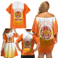 Bhutan Mandala Emblem Family Matching Off Shoulder Short Dress and Hawaiian Shirt with Monastic Orange and Spiritual Harmony