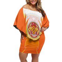 Bhutan Mandala Emblem Family Matching Off Shoulder Short Dress and Hawaiian Shirt with Monastic Orange and Spiritual Harmony