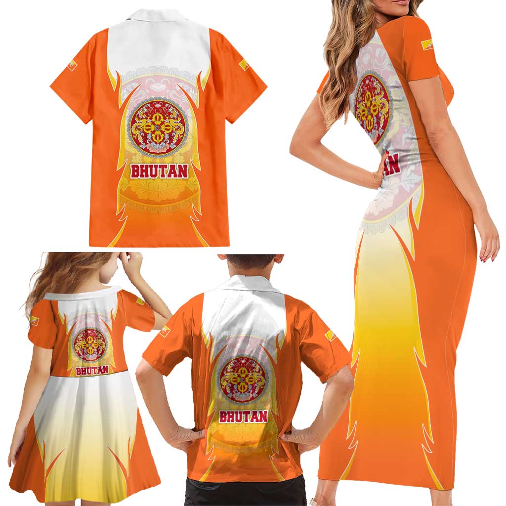 Bhutan Mandala Emblem Family Matching Short Sleeve Bodycon Dress and Hawaiian Shirt with Monastic Orange and Spiritual Harmony