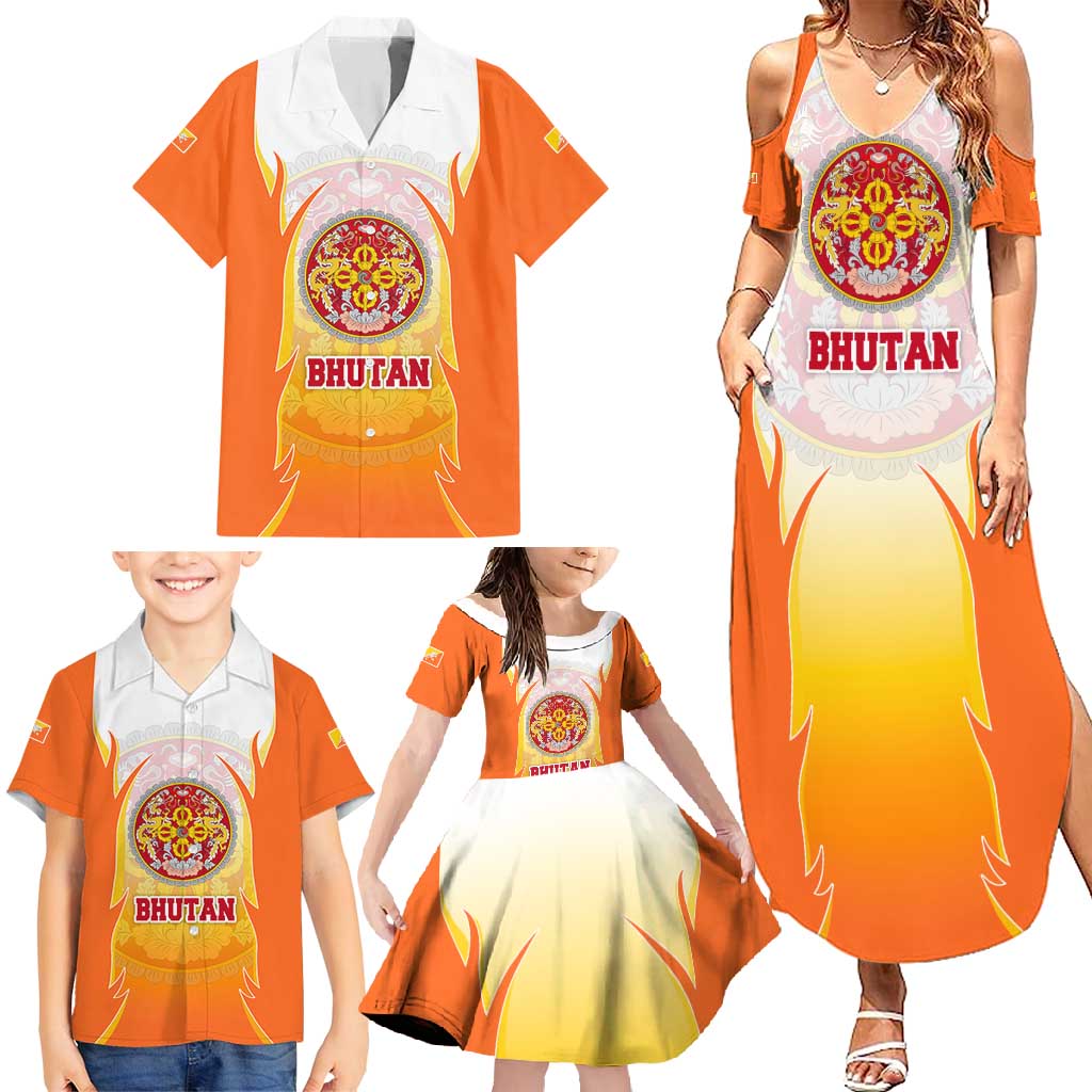 Bhutan Mandala Emblem Family Matching Summer Maxi Dress and Hawaiian Shirt with Monastic Orange and Spiritual Harmony
