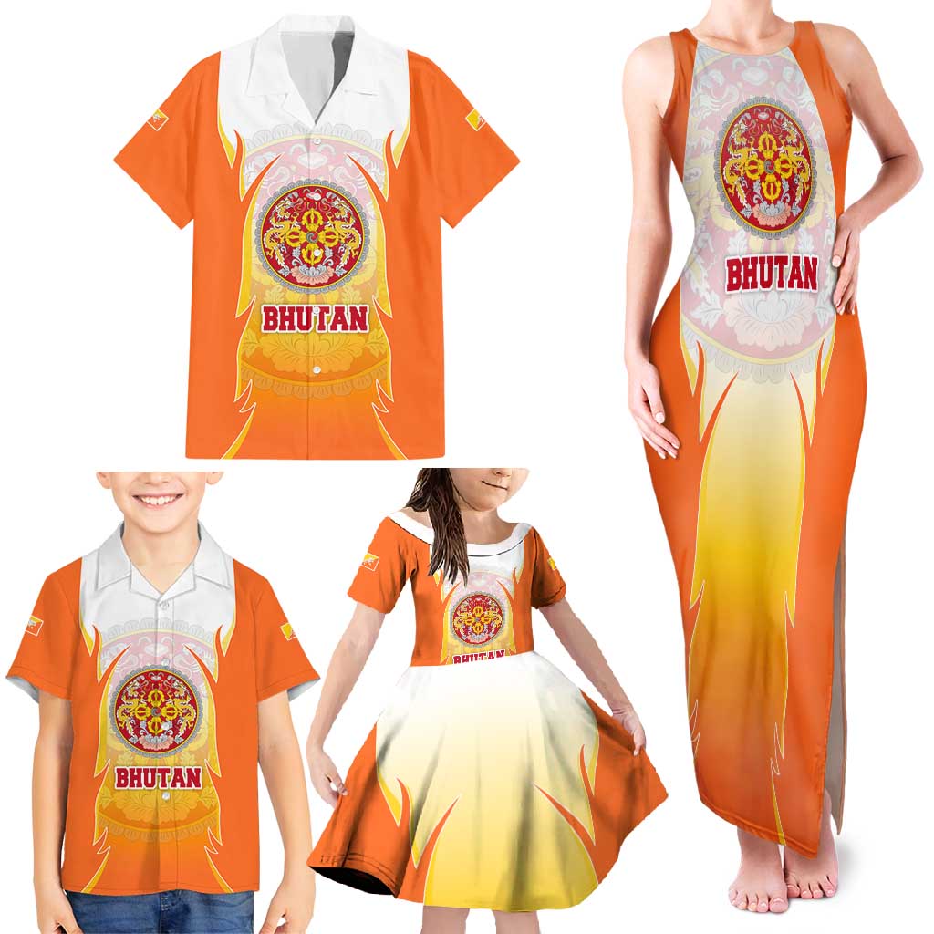Bhutan Mandala Emblem Family Matching Tank Maxi Dress and Hawaiian Shirt with Monastic Orange and Spiritual Harmony