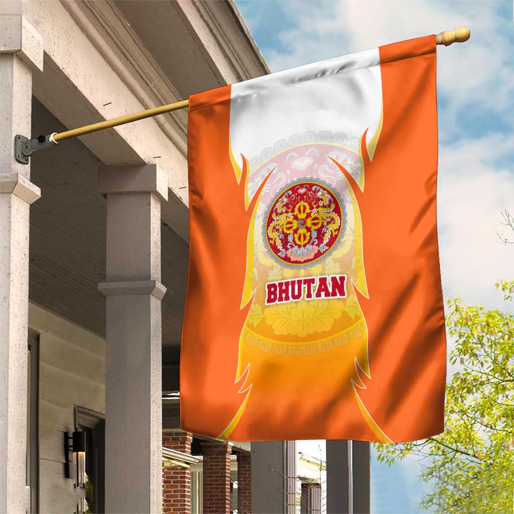 Bhutan Mandala Emblem Garden Flag with Monastic Orange and Spiritual Harmony