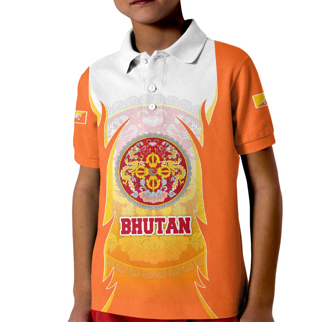 Bhutan Mandala Emblem Kid Polo Shirt with Monastic Orange and Spiritual Harmony