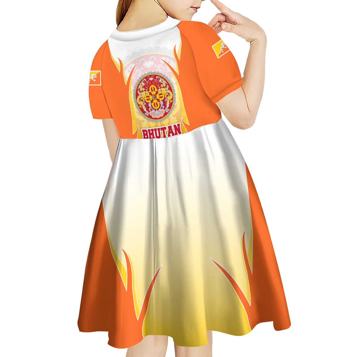 Bhutan Mandala Emblem Kid Short Sleeve Dress with Monastic Orange and Spiritual Harmony