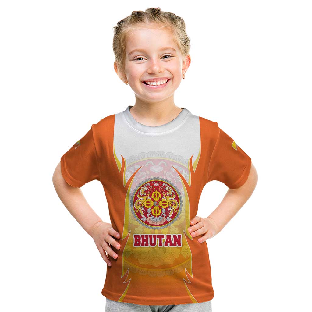 Bhutan Mandala Emblem Kid T Shirt with Monastic Orange and Spiritual Harmony