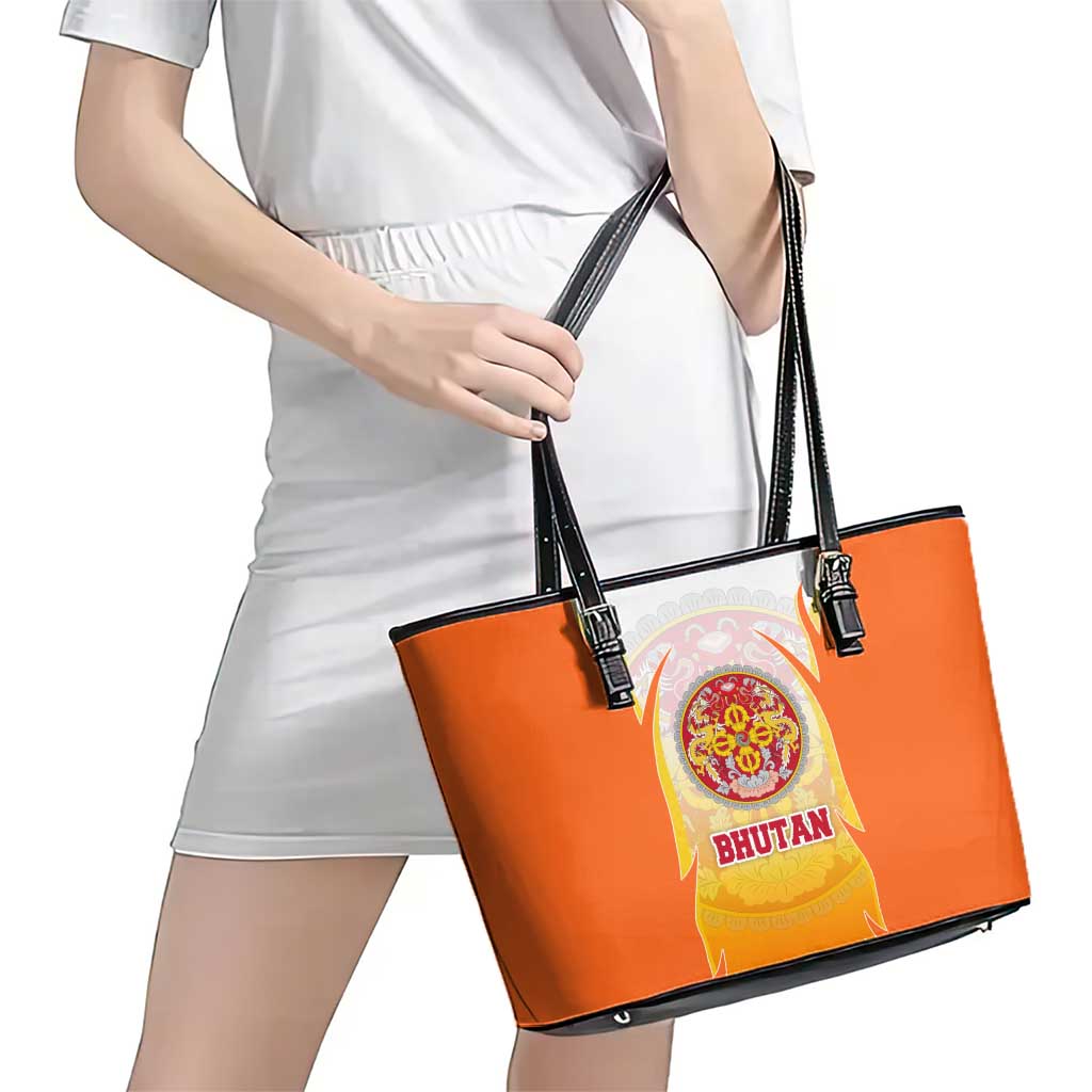 Bhutan Mandala Emblem Leather Tote Bag with Monastic Orange and Spiritual Harmony