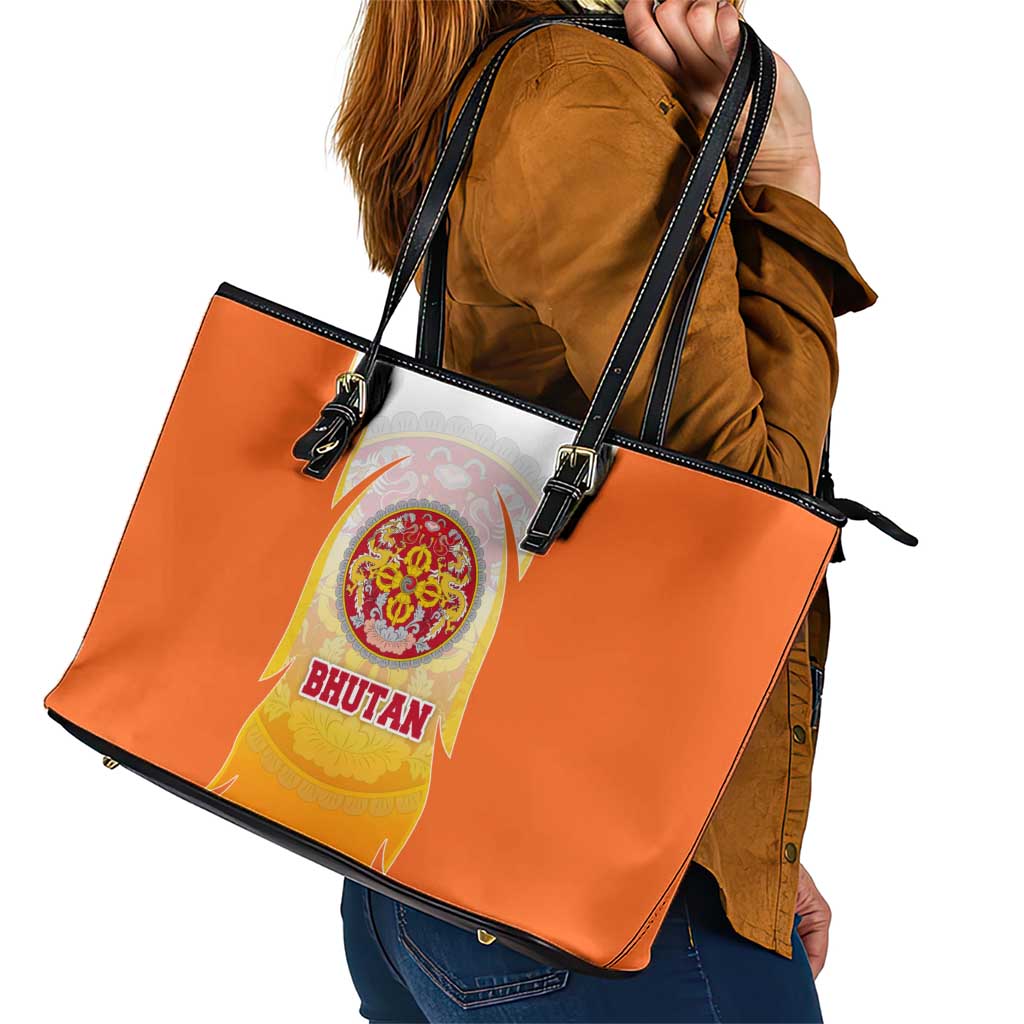 Bhutan Mandala Emblem Leather Tote Bag with Monastic Orange and Spiritual Harmony