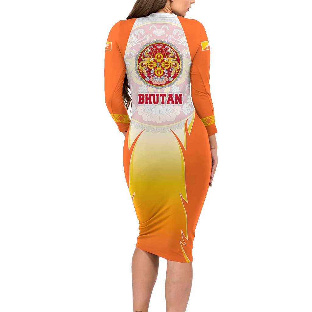 Bhutan Mandala Emblem Long Sleeve Bodycon Dress with Monastic Orange and Spiritual Harmony