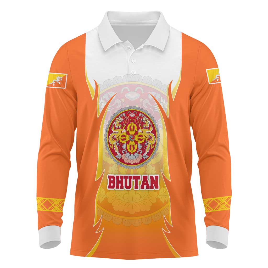 Bhutan Mandala Emblem Long Sleeve Polo Shirt with Monastic Orange and Spiritual Harmony