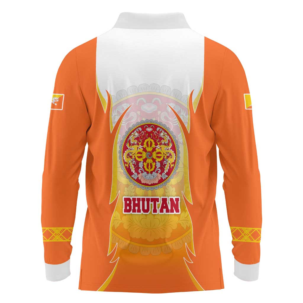 Bhutan Mandala Emblem Long Sleeve Polo Shirt with Monastic Orange and Spiritual Harmony