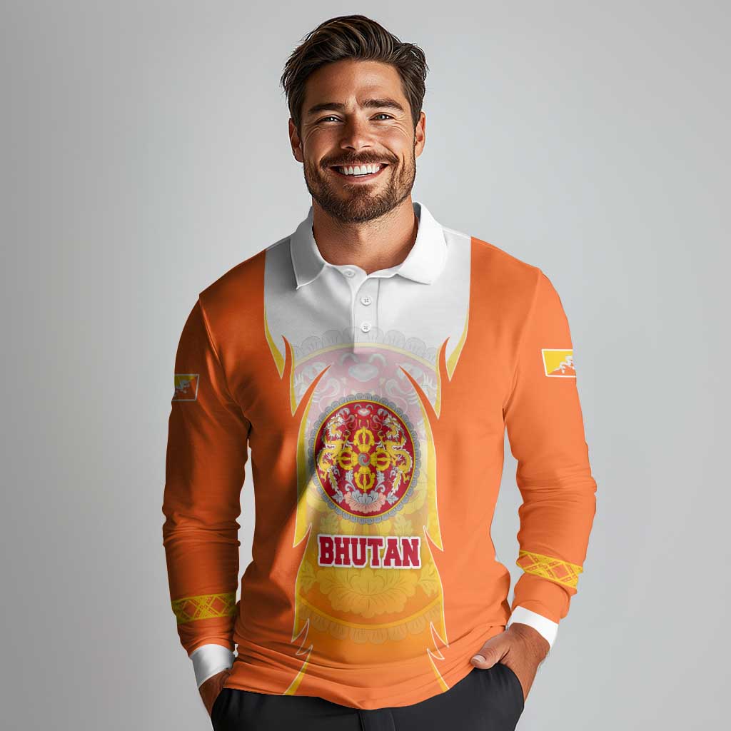 Bhutan Mandala Emblem Long Sleeve Polo Shirt with Monastic Orange and Spiritual Harmony