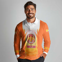 Bhutan Mandala Emblem Long Sleeve Polo Shirt with Monastic Orange and Spiritual Harmony
