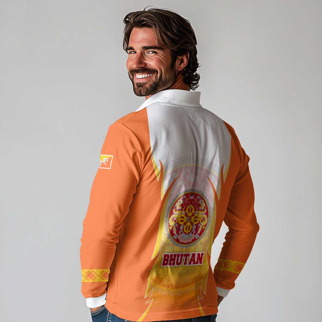 Bhutan Mandala Emblem Long Sleeve Polo Shirt with Monastic Orange and Spiritual Harmony