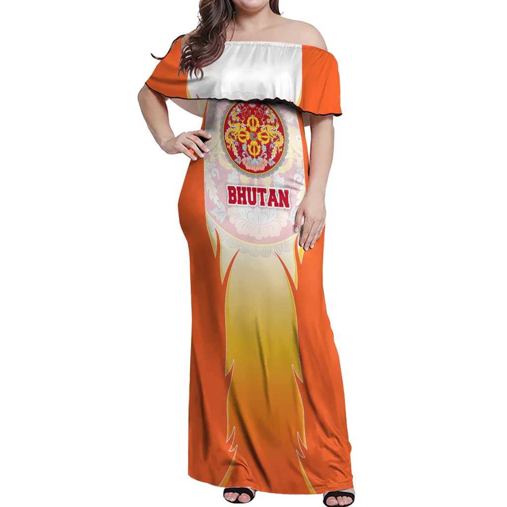 Bhutan Mandala Emblem Off Shoulder Maxi Dress with Monastic Orange and Spiritual Harmony