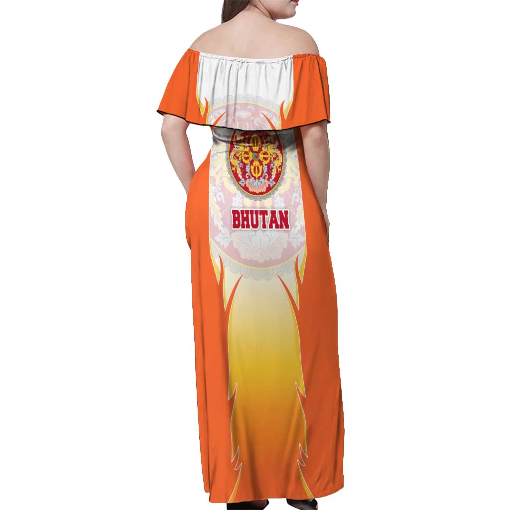 Bhutan Mandala Emblem Off Shoulder Maxi Dress with Monastic Orange and Spiritual Harmony