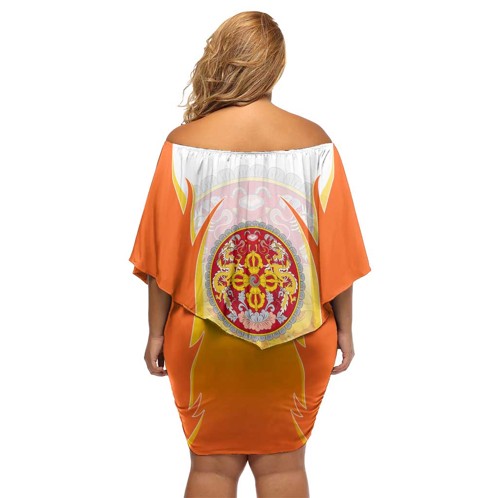 Bhutan Mandala Emblem Off Shoulder Short Dress with Monastic Orange and Spiritual Harmony