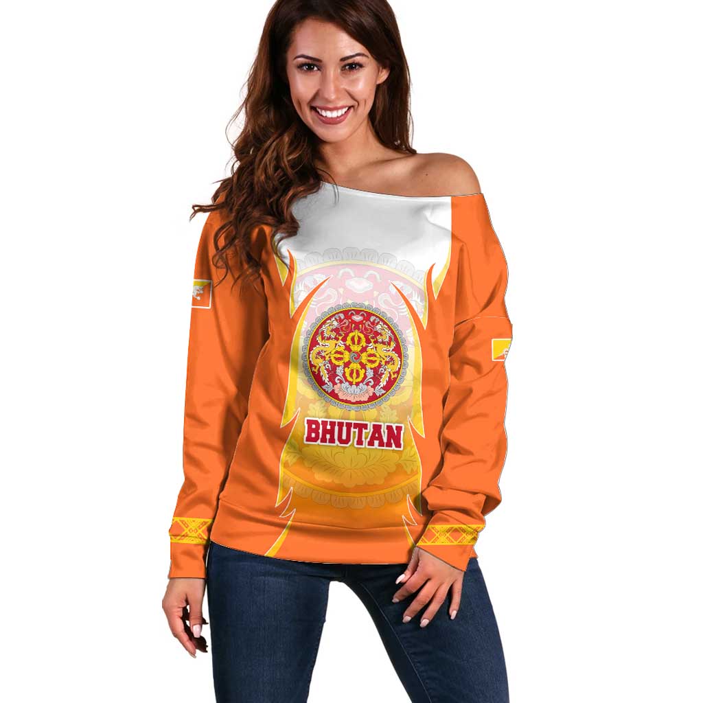 Bhutan Mandala Emblem Off Shoulder Sweater with Monastic Orange and Spiritual Harmony