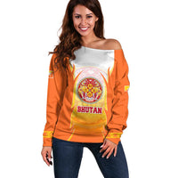 Bhutan Mandala Emblem Off Shoulder Sweater with Monastic Orange and Spiritual Harmony