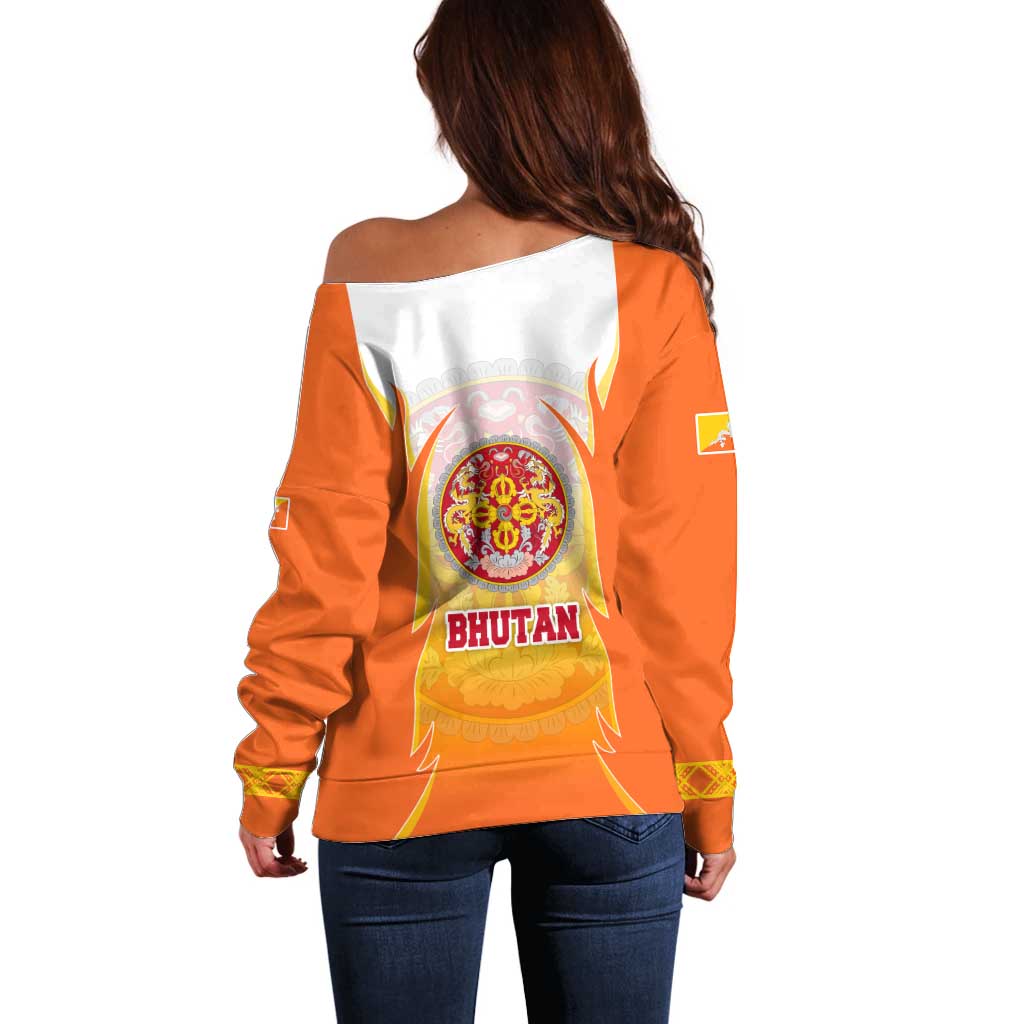 Bhutan Mandala Emblem Off Shoulder Sweater with Monastic Orange and Spiritual Harmony