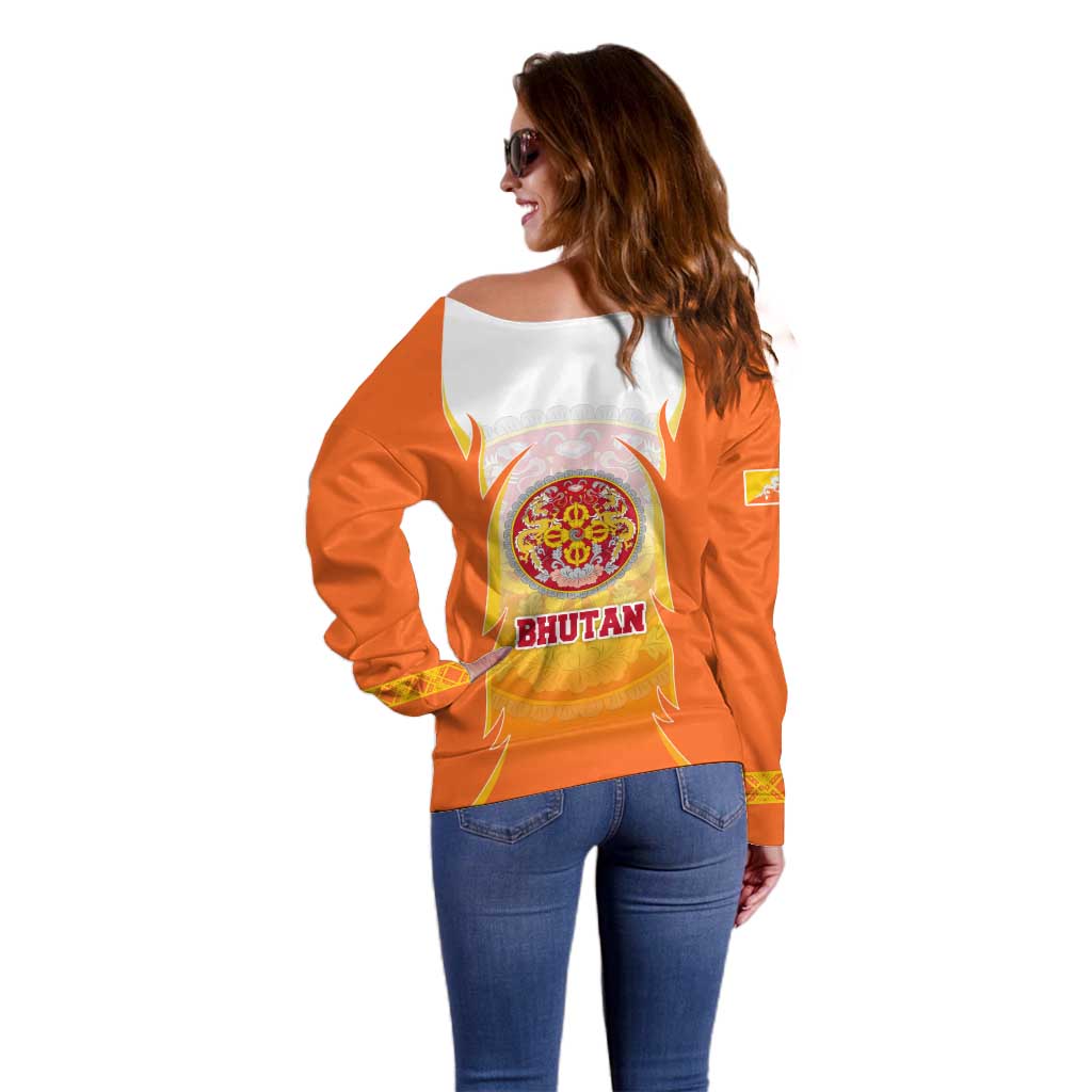 Bhutan Mandala Emblem Off Shoulder Sweater with Monastic Orange and Spiritual Harmony