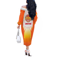 Bhutan Mandala Emblem Off The Shoulder Long Sleeve Dress with Monastic Orange and Spiritual Harmony