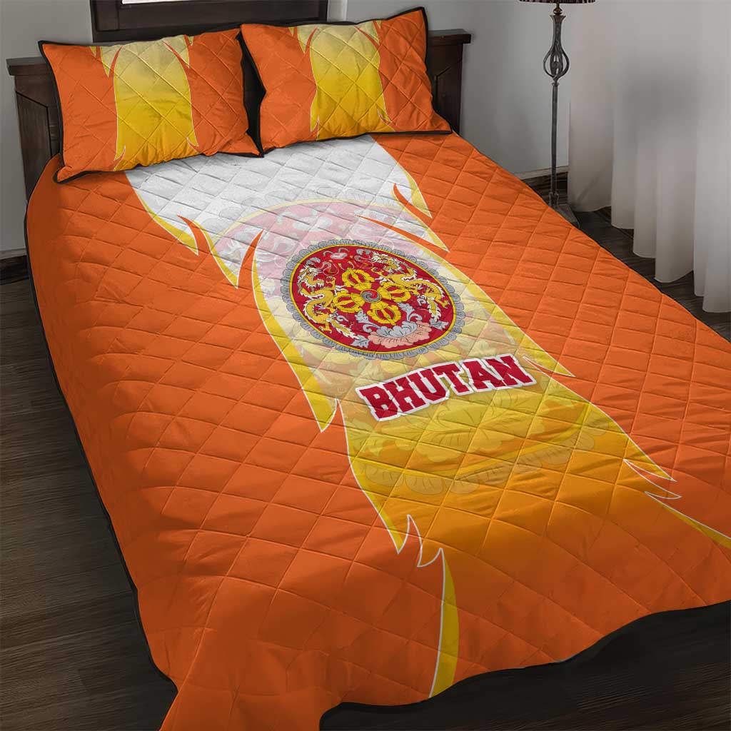 Bhutan Mandala Emblem Quilt Bed Set with Monastic Orange and Spiritual Harmony