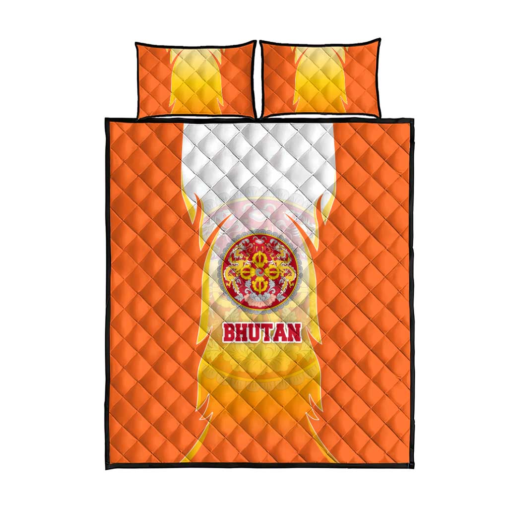 Bhutan Mandala Emblem Quilt Bed Set with Monastic Orange and Spiritual Harmony