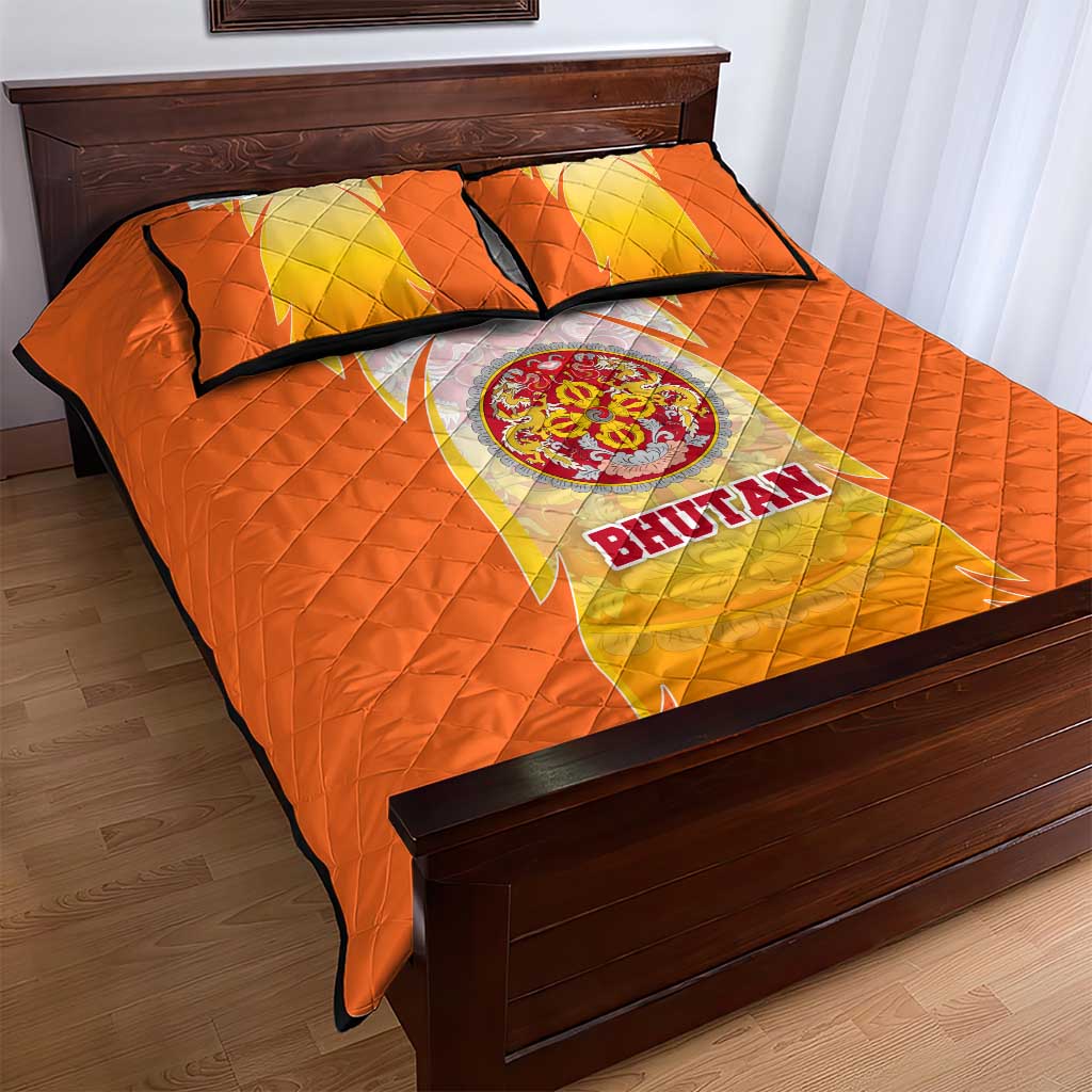 Bhutan Mandala Emblem Quilt Bed Set with Monastic Orange and Spiritual Harmony
