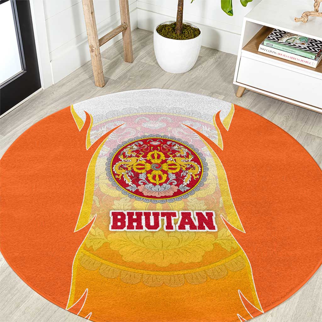 Bhutan Mandala Emblem Round Carpet with Monastic Orange and Spiritual Harmony