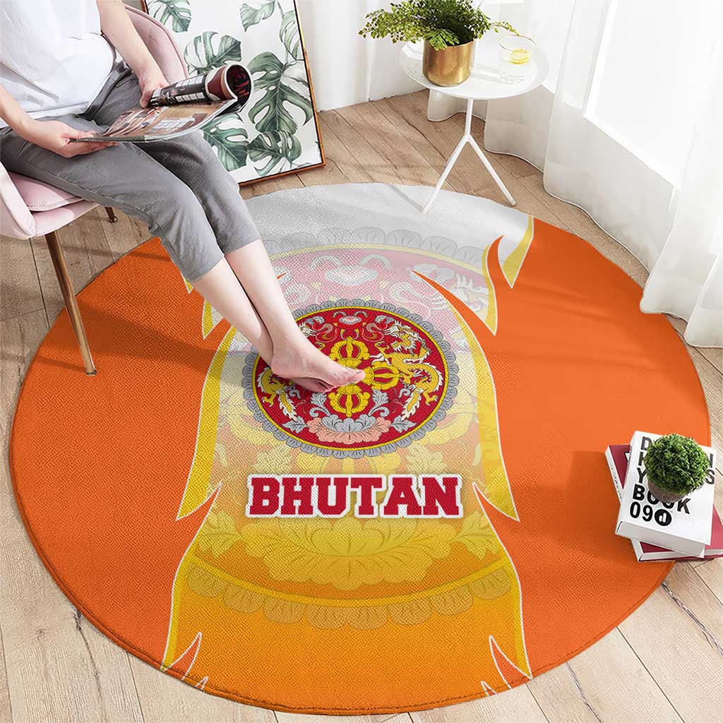 Bhutan Mandala Emblem Round Carpet with Monastic Orange and Spiritual Harmony