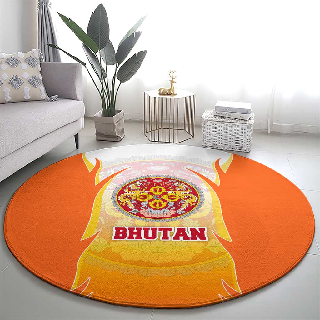 Bhutan Mandala Emblem Round Carpet with Monastic Orange and Spiritual Harmony