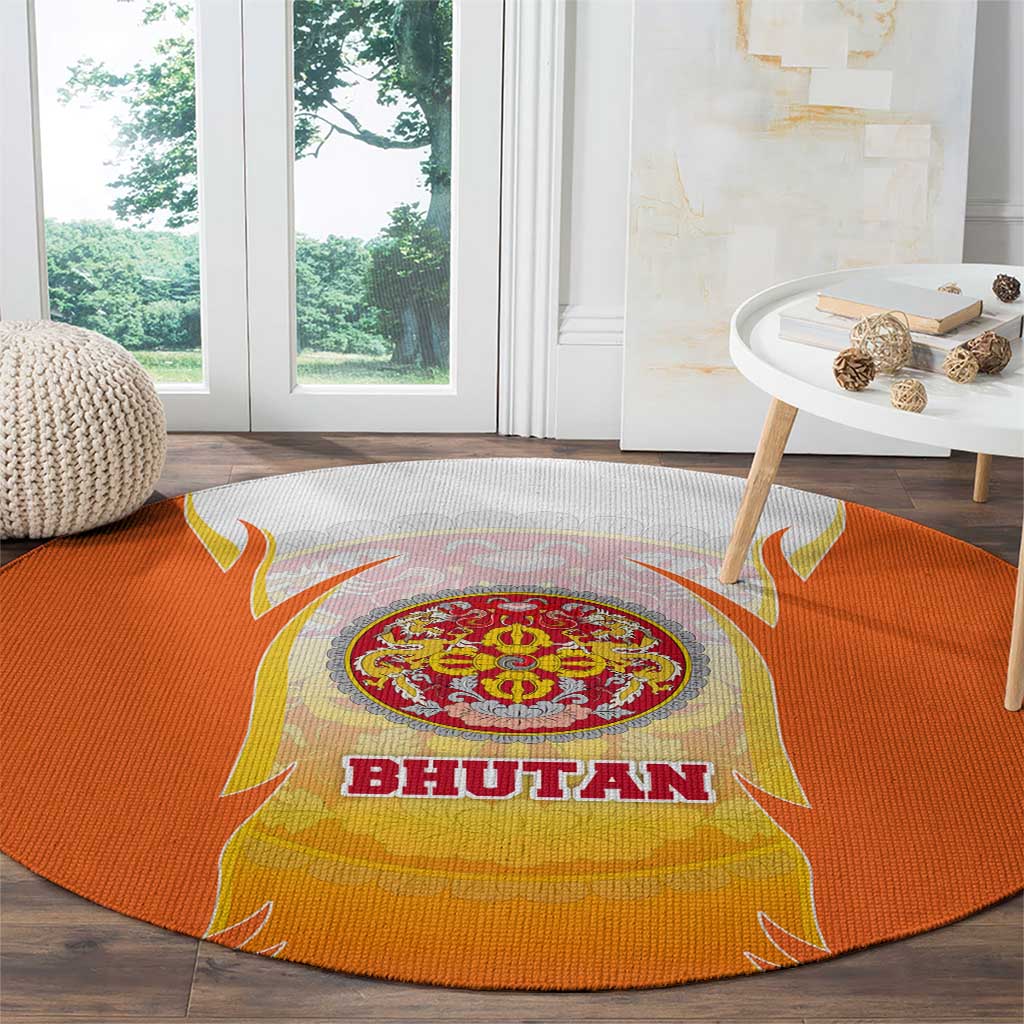 Bhutan Mandala Emblem Round Carpet with Monastic Orange and Spiritual Harmony