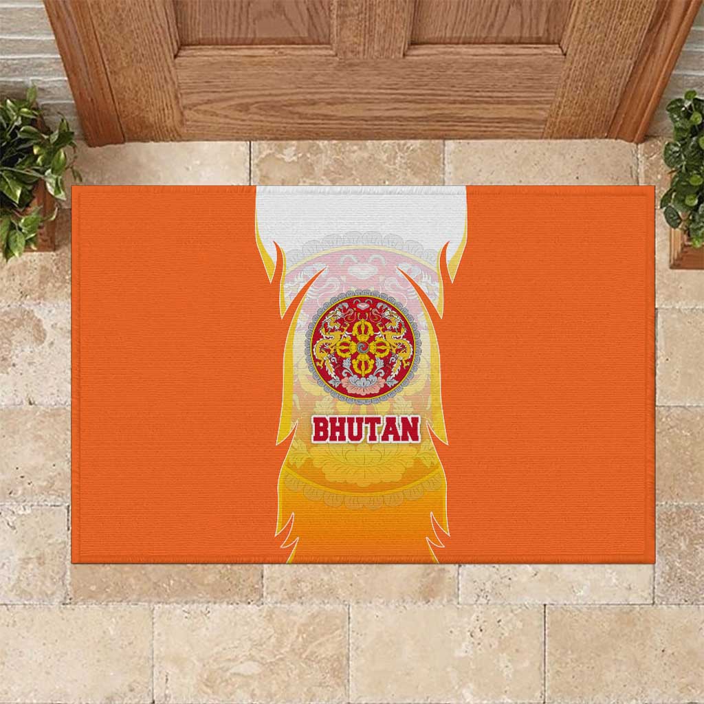 Bhutan Mandala Emblem Rubber Doormat with Monastic Orange and Spiritual Harmony