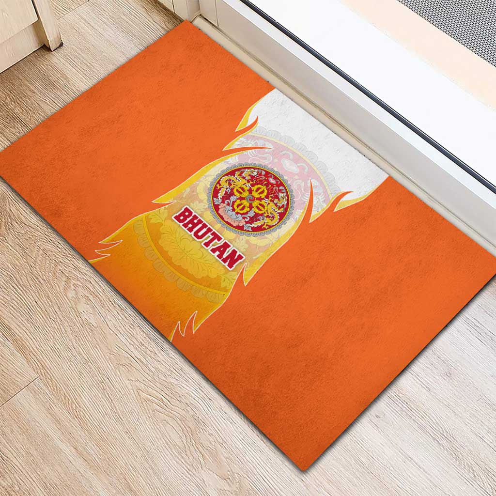 Bhutan Mandala Emblem Rubber Doormat with Monastic Orange and Spiritual Harmony