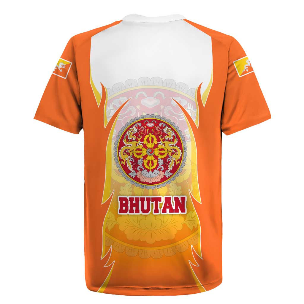 Bhutan Mandala Emblem Rugby Jersey with Monastic Orange and Spiritual Harmony