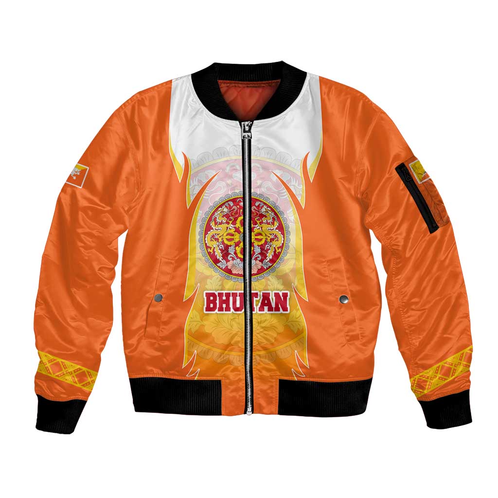 Bhutan Mandala Emblem Sleeve Zip Bomber Jacket with Monastic Orange and Spiritual Harmony