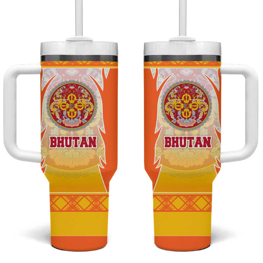 Bhutan Mandala Emblem Tumbler With Handle with Monastic Orange and Spiritual Harmony