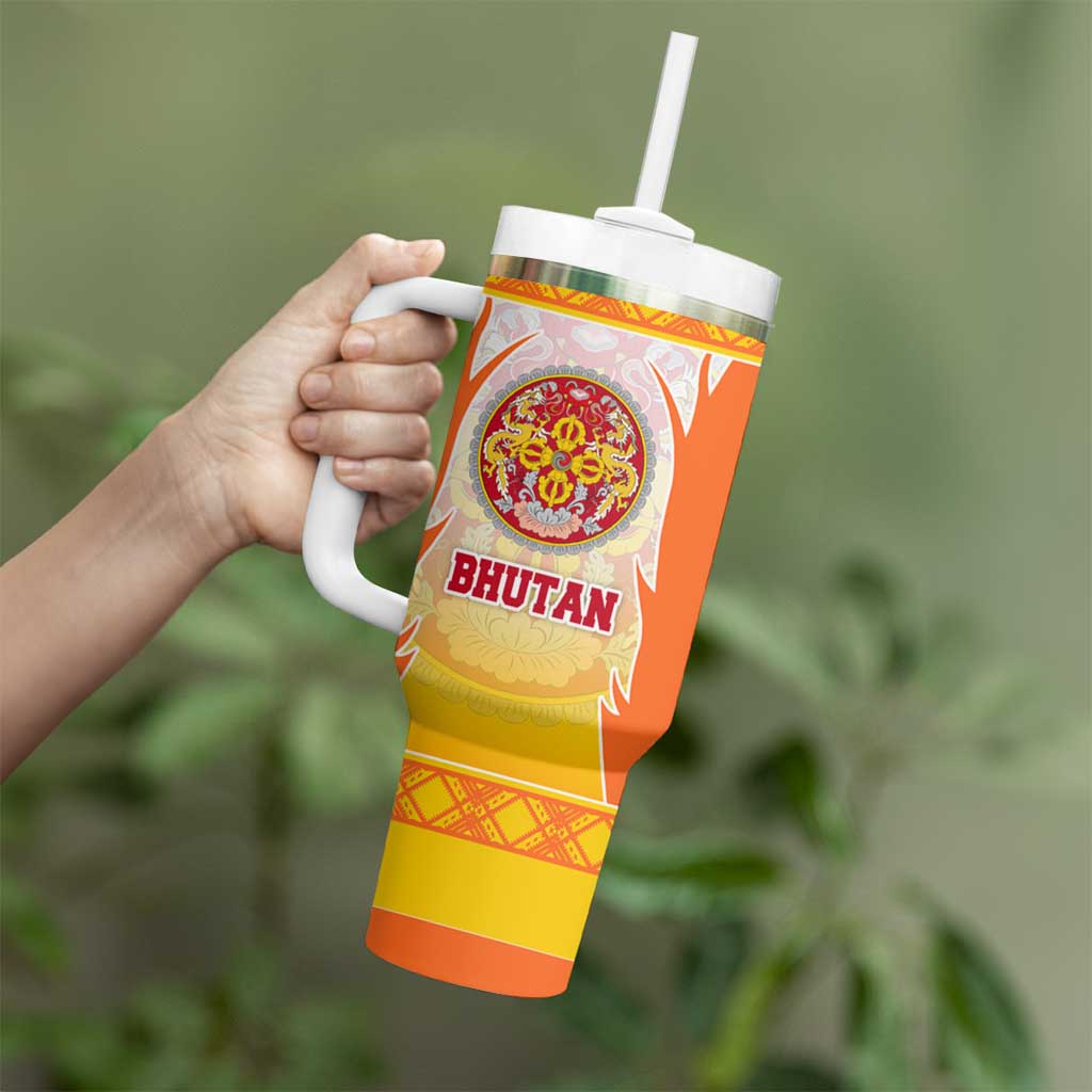 Bhutan Mandala Emblem Tumbler With Handle with Monastic Orange and Spiritual Harmony