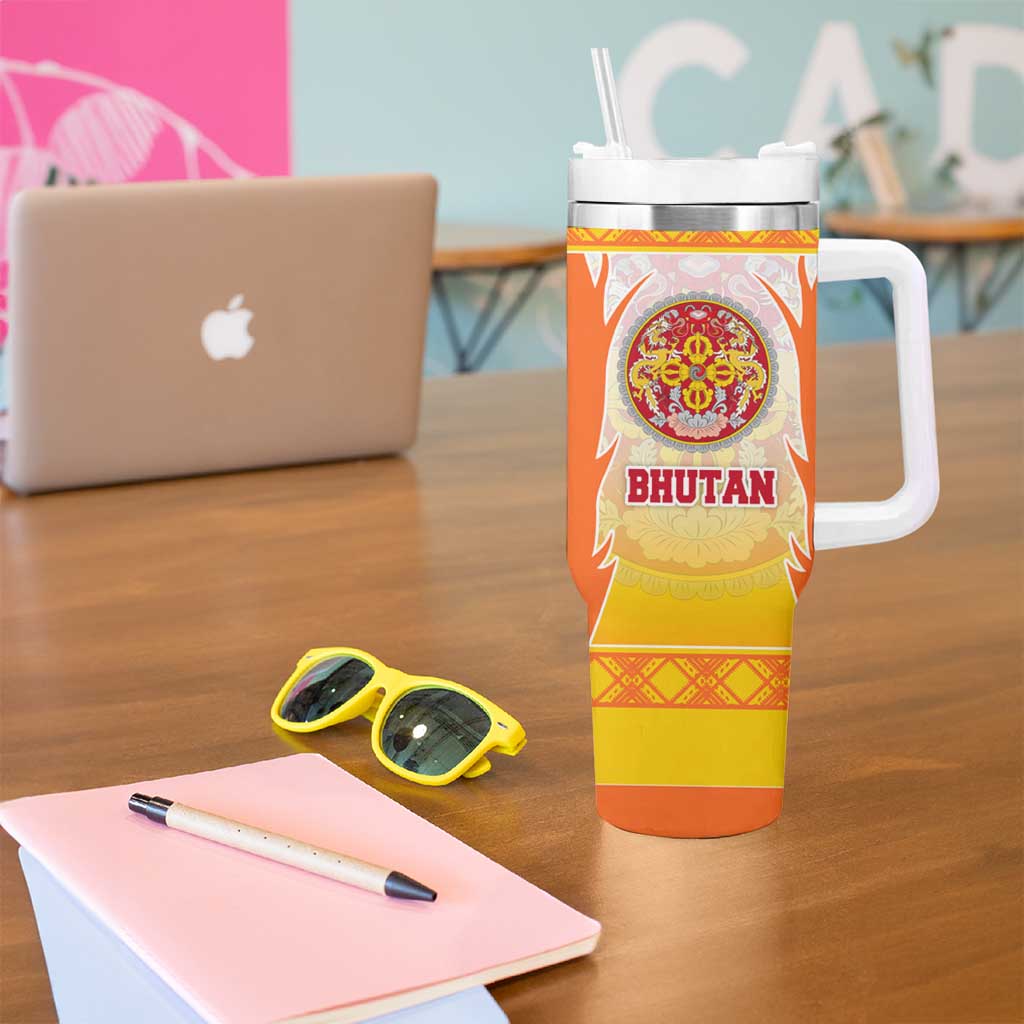 Bhutan Mandala Emblem Tumbler With Handle with Monastic Orange and Spiritual Harmony