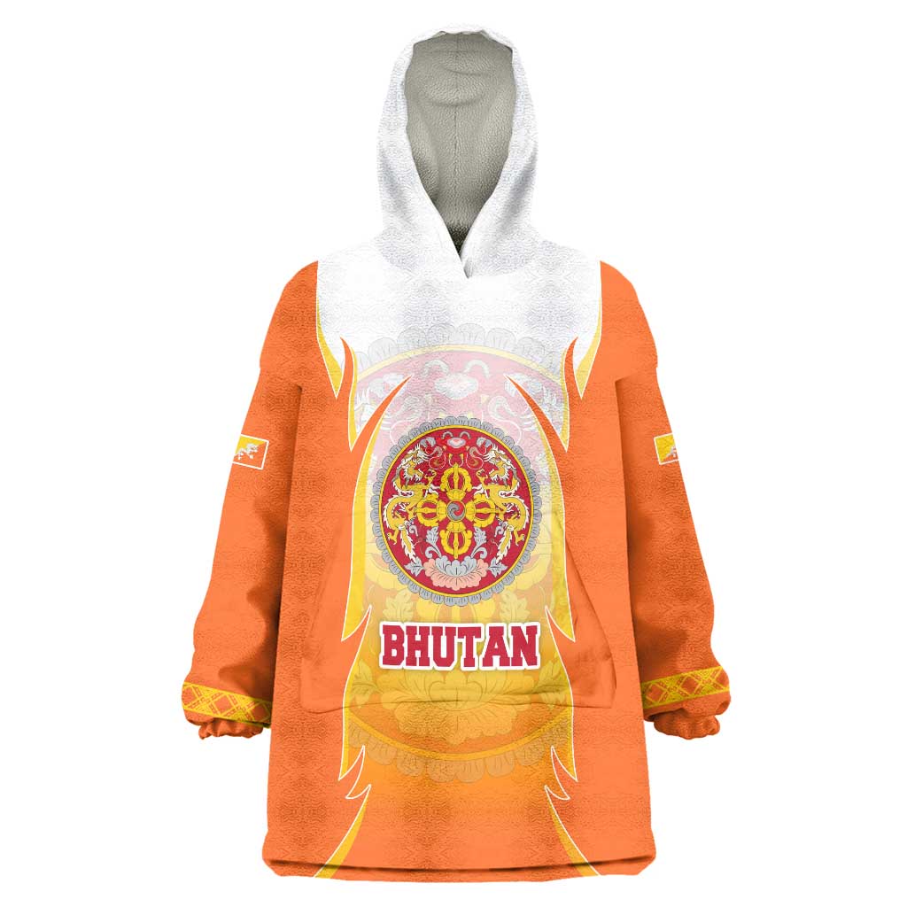 Bhutan Mandala Emblem Wearable Blanket Hoodie with Monastic Orange and Spiritual Harmony