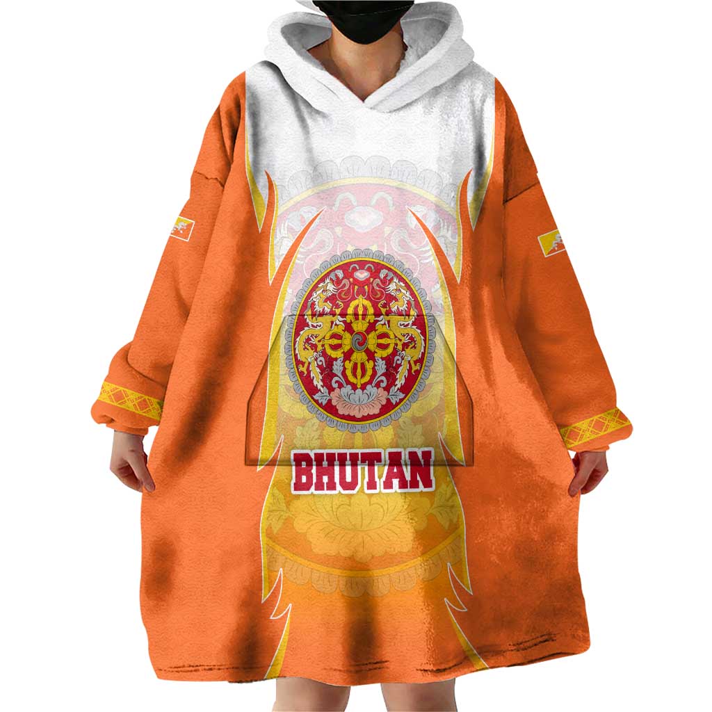Bhutan Mandala Emblem Wearable Blanket Hoodie with Monastic Orange and Spiritual Harmony