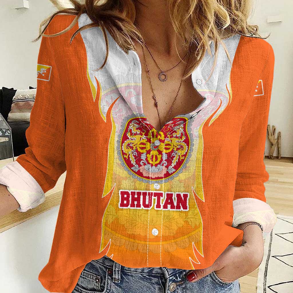 Bhutan Mandala Emblem Women Casual Shirt with Monastic Orange and Spiritual Harmony