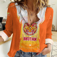 Bhutan Mandala Emblem Women Casual Shirt with Monastic Orange and Spiritual Harmony