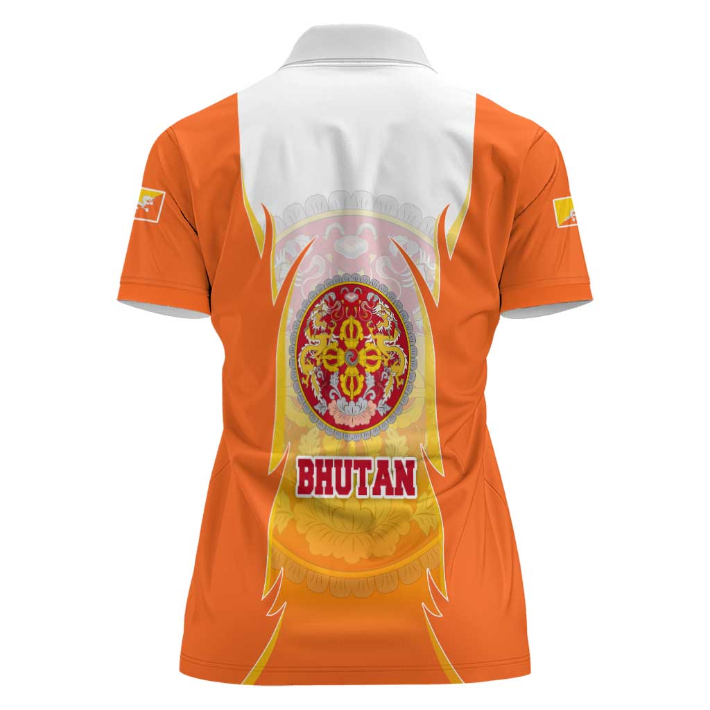Bhutan Mandala Emblem Women Polo Shirt with Monastic Orange and Spiritual Harmony