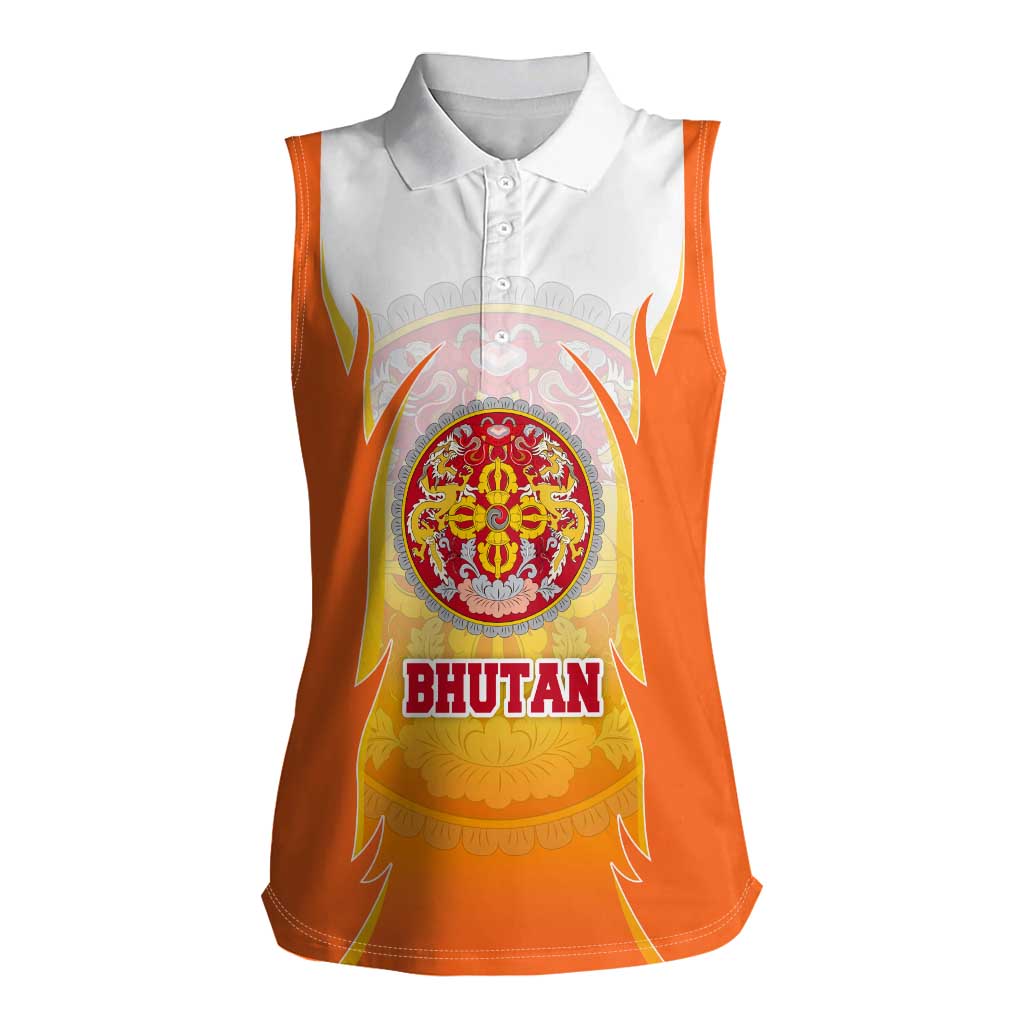 Bhutan Mandala Emblem Women Sleeveless Polo Shirt with Monastic Orange and Spiritual Harmony