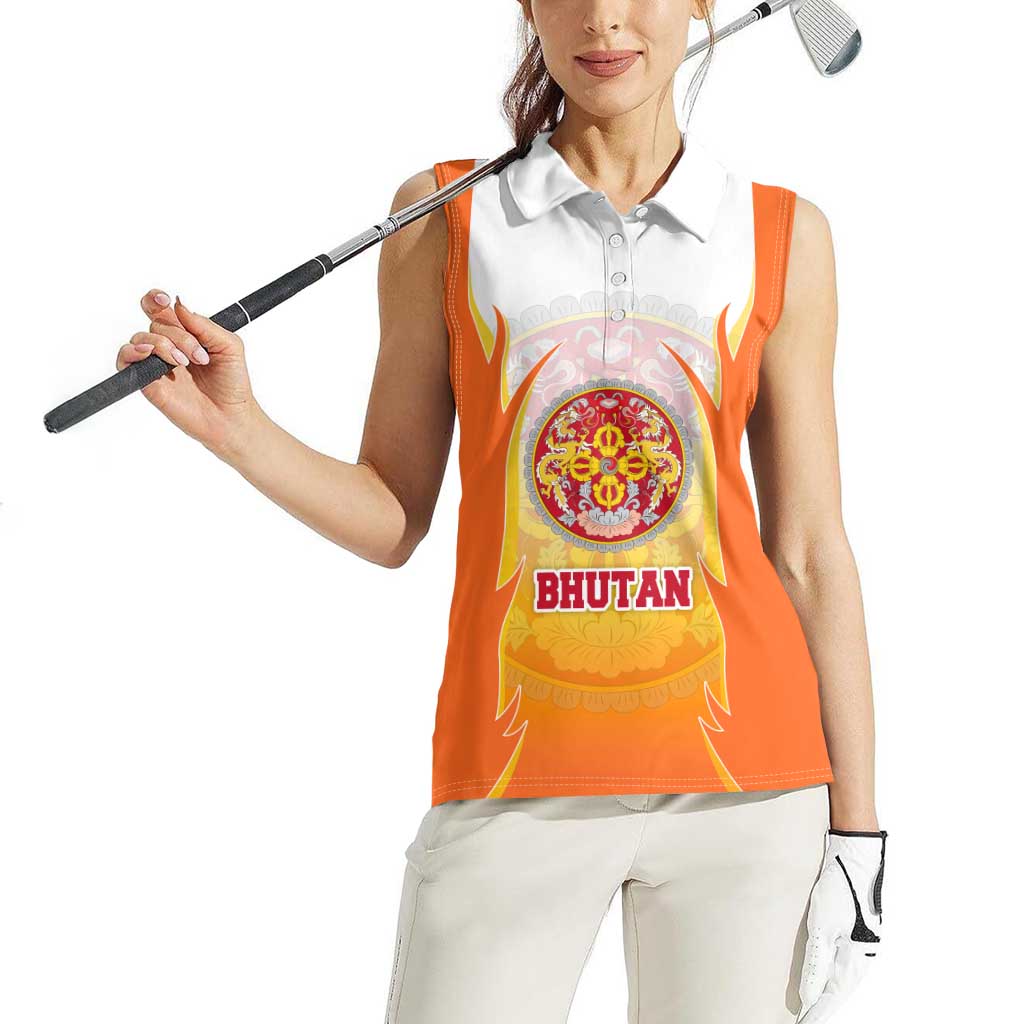 Bhutan Mandala Emblem Women Sleeveless Polo Shirt with Monastic Orange and Spiritual Harmony