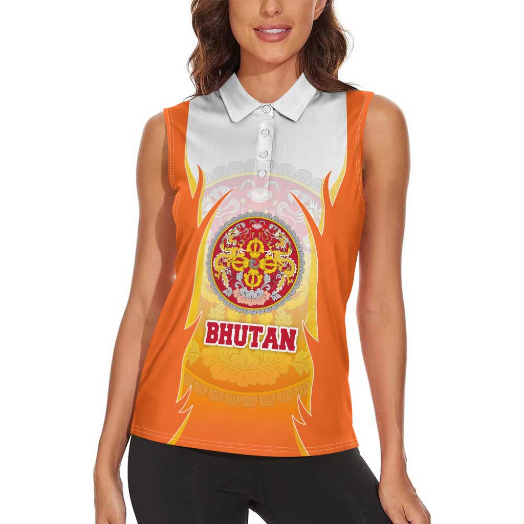 Bhutan Mandala Emblem Women Sleeveless Polo Shirt with Monastic Orange and Spiritual Harmony