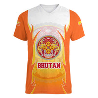 Bhutan Mandala Emblem Women V-Neck T-Shirt with Monastic Orange and Spiritual Harmony