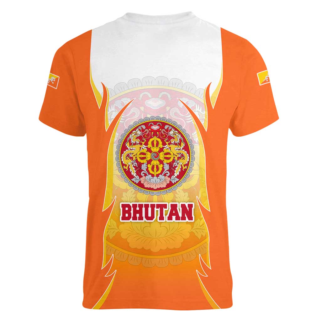 Bhutan Mandala Emblem Women V-Neck T-Shirt with Monastic Orange and Spiritual Harmony