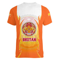 Bhutan Mandala Emblem Women V-Neck T-Shirt with Monastic Orange and Spiritual Harmony